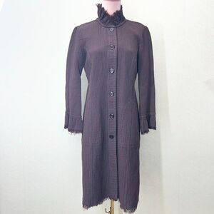 Raquel Allegra Muted Brown Fringed High Neck Button Front Long Coat Womens 2